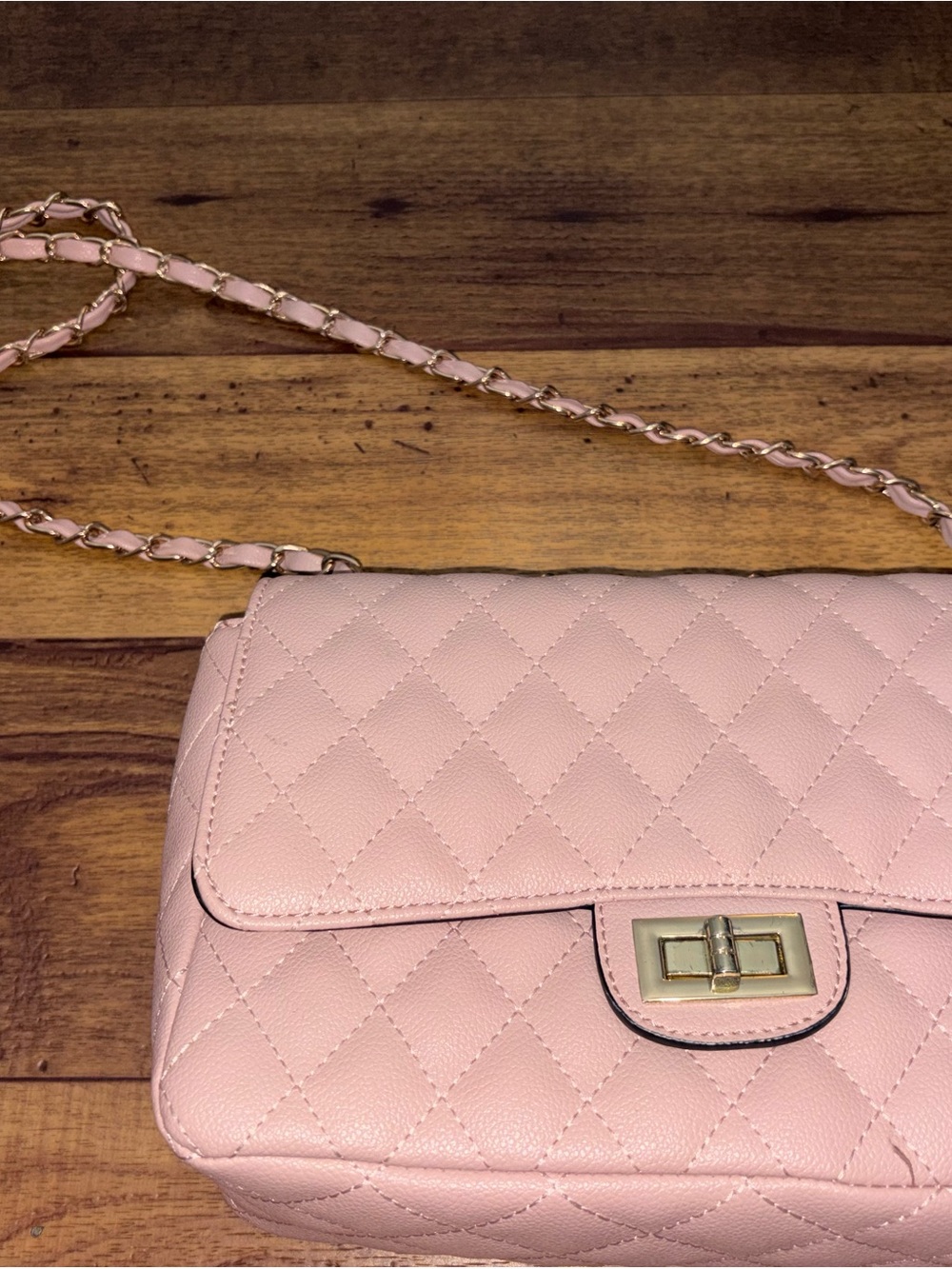 Blush Pink Quilted Faux Leather Crossbody Shoulder Bag Gold Chain Turn Lock